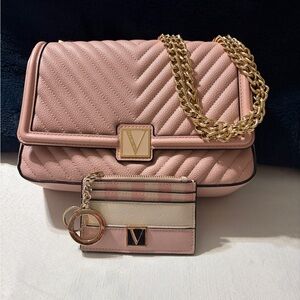 VICTORIA’S SECRET Elegant Pink Quilted Handbag with Gold Chain And Card Case